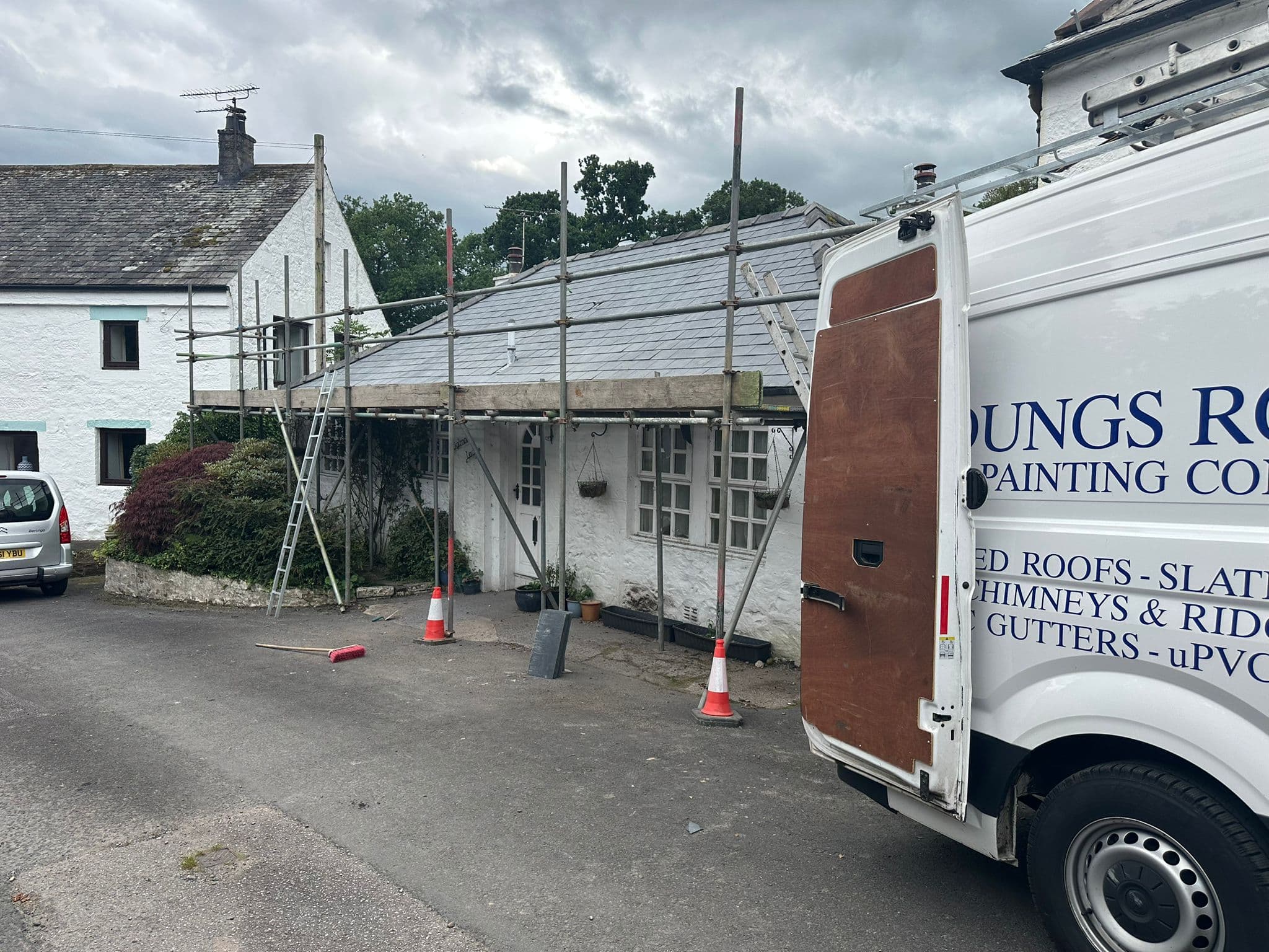 Scaffolded roofing project in Cumbria